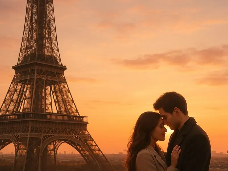 Romantic couple embracing under the Eiffel Tower in Paris, France, during a honeymoon in 2025.