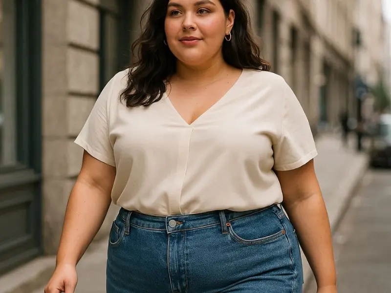  Plus size women’s clothing featuring high-waisted jeans and casual chic style