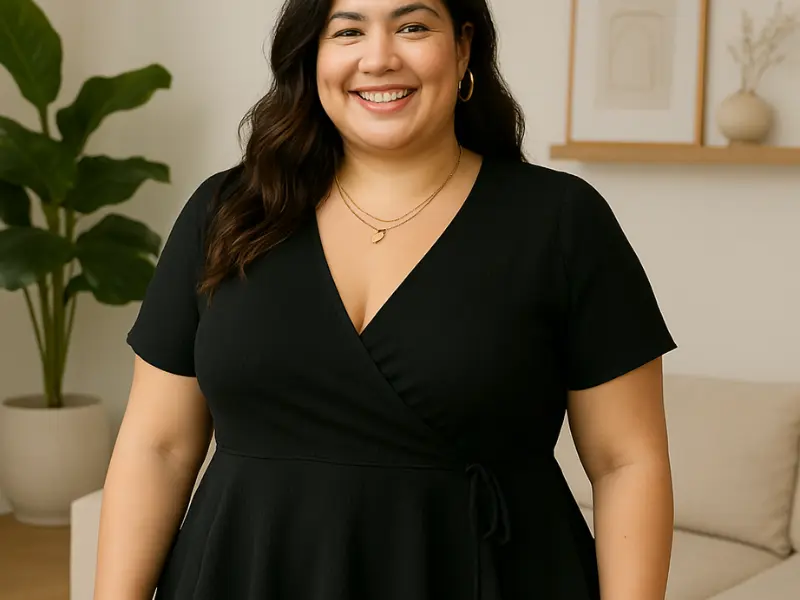 Stylish plus size women’s clothing with a peplum V-neck top
