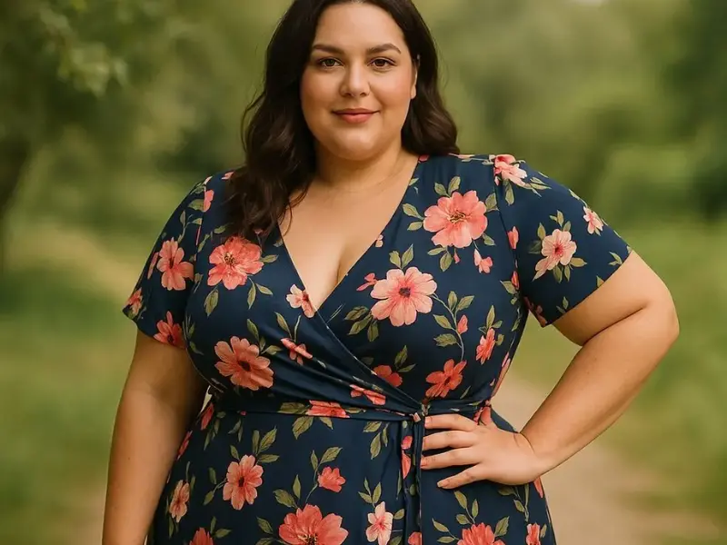 Plus size women’s clothing featuring a flattering floral wrap dress