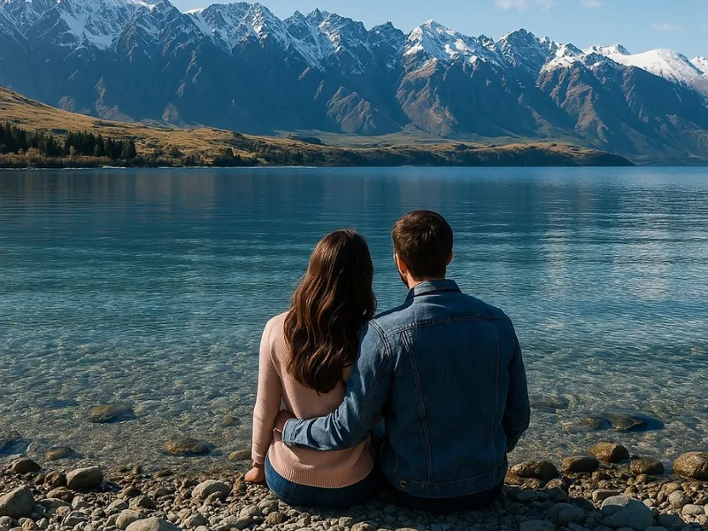 Couple enjoying a scenic lakeside view with mountains in Queenstown, New Zealand, during their honeymoon.