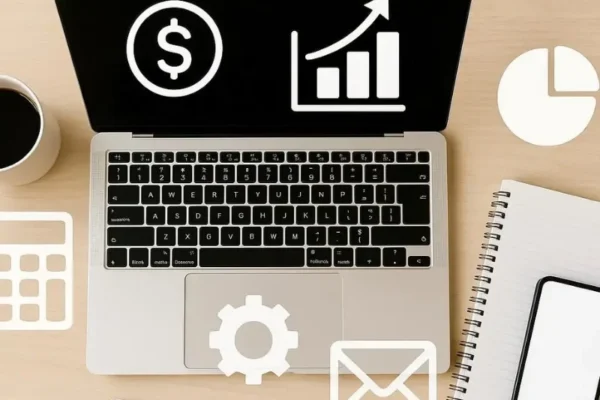 Person working on a laptop at home, surrounded by money icons, representing online income opportunities
