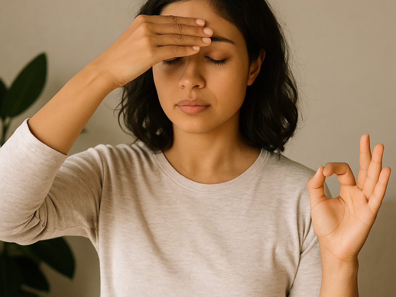 Woman practicing stress relief techniques to prevent menstrual delay