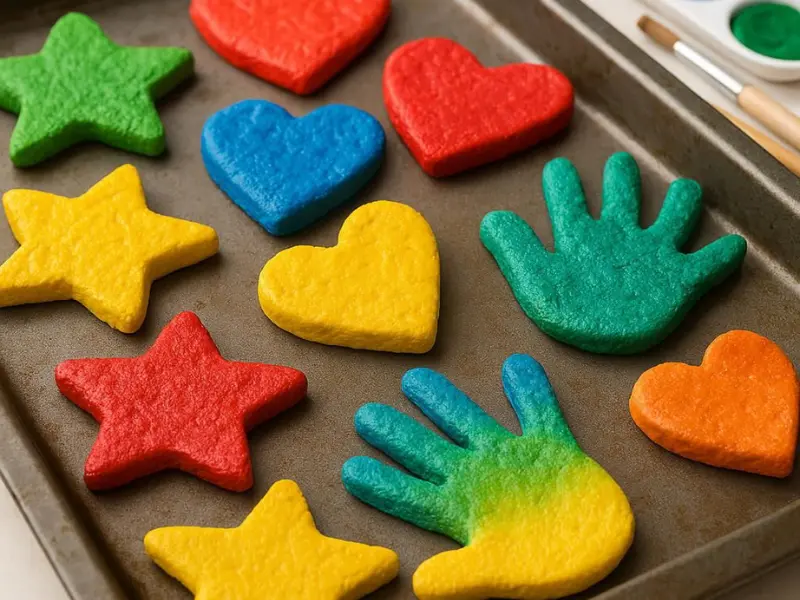 Painted salt dough ornaments shaped like stars, hearts, and handprints.