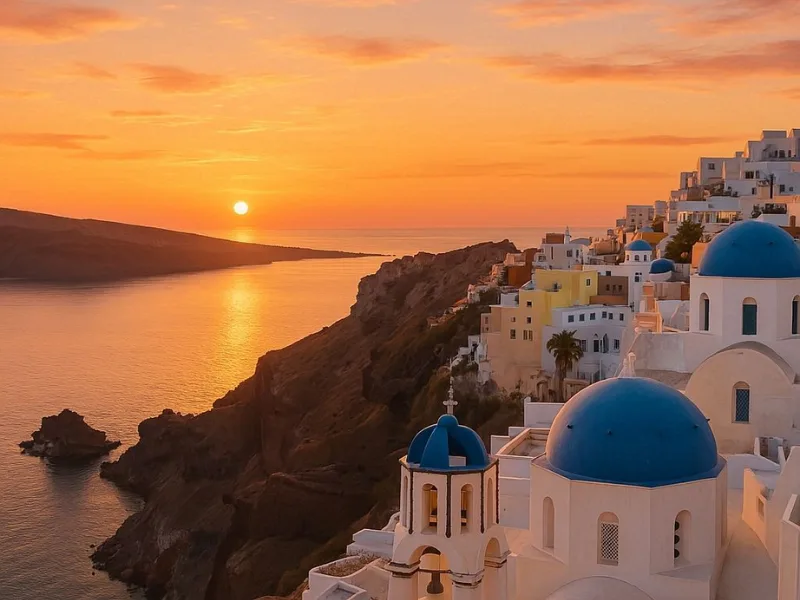 Blue-domed churches and whitewashed buildings overlooking the Aegean Sea in Santorini, Greece, a top honeymoon destination for 2025.