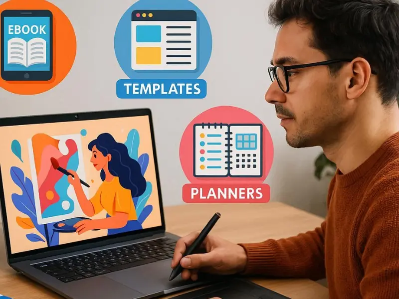 Designer creating digital products like ebooks and templates for online sale