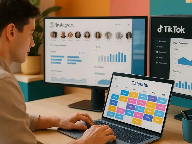 Social media manager planning posts and scheduling content on laptop