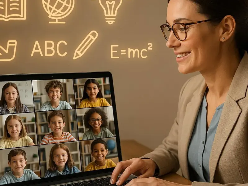 Online tutor teaching students via laptop video call