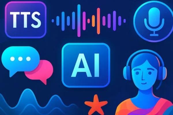 Top 5 text to speech software tools for 2025 with icons and AI voice waveforms