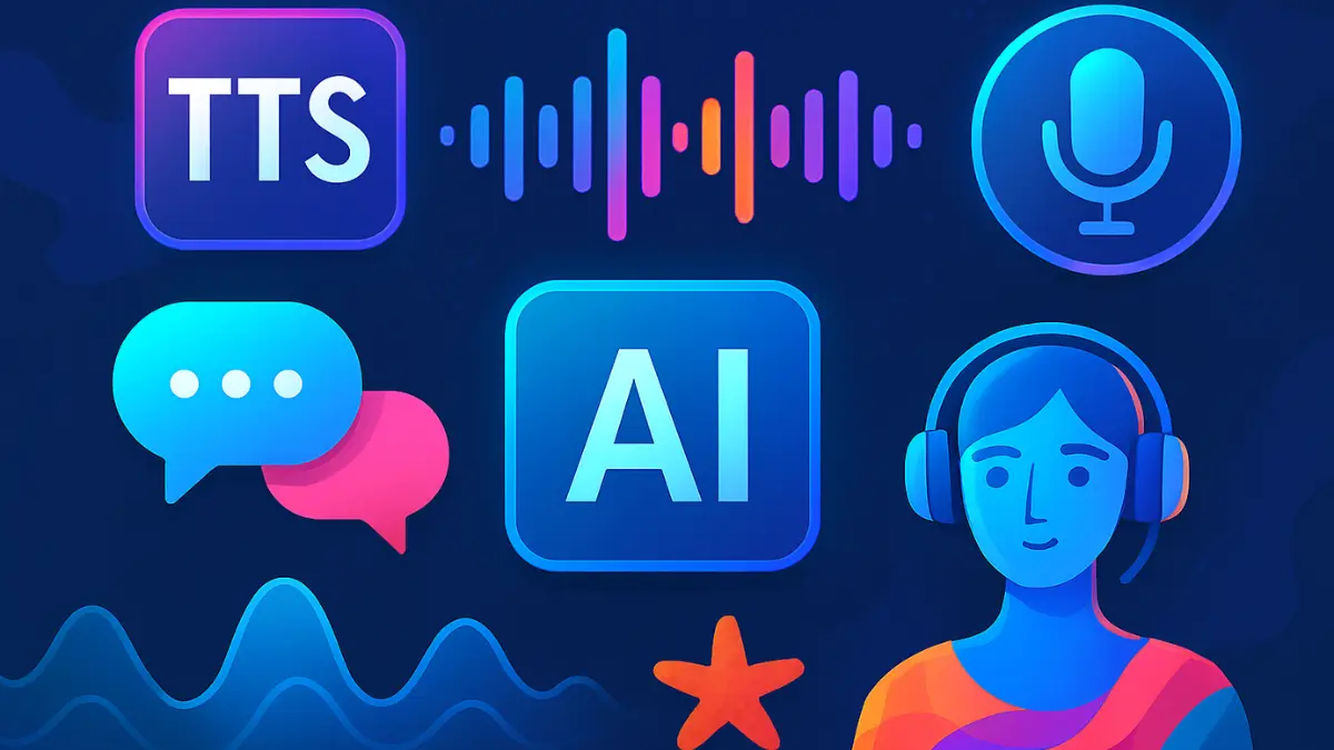 Top 5 text to speech software tools for 2025 with icons and AI voice waveforms