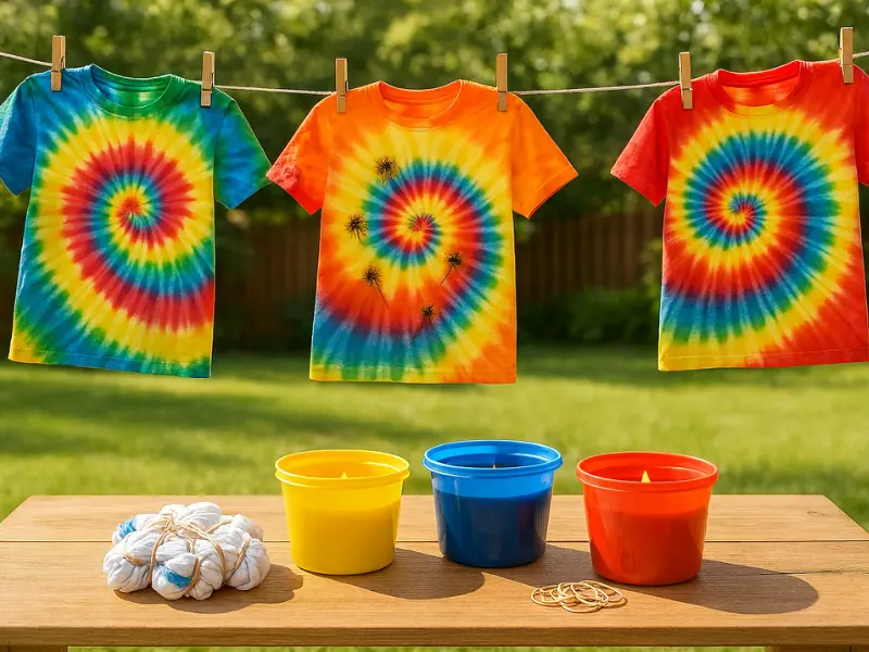 Vibrant tie-dye T-shirts in spiral patterns drying outside on a clothesline.