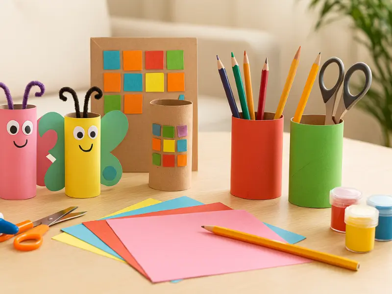 Creative toilet paper roll crafts like butterflies, pencil holders, and wall art on a table with paint and scissors