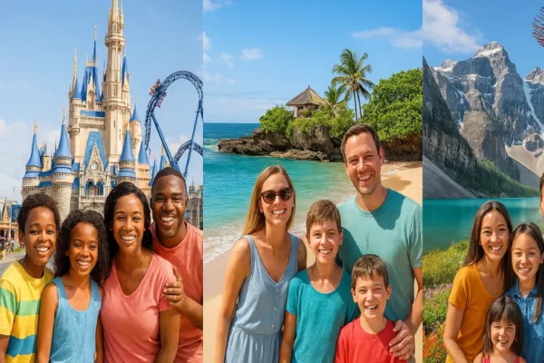 Collage of top 10 best family vacation spots in 2025 including beaches, theme parks, and cultural landmarks