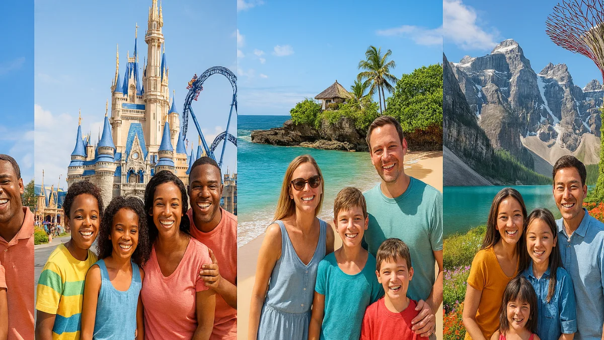 Collage of top 10 best family vacation spots in 2025 including beaches, theme parks, and cultural landmarks