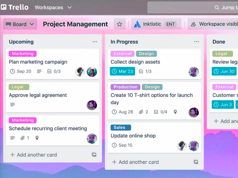 Trello task board layout in free project management software with to-do, doing, and done columns