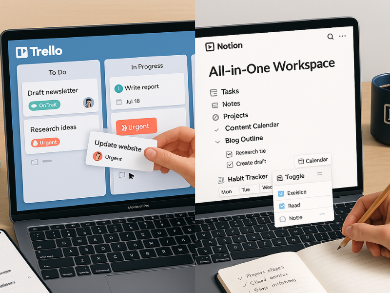 Trello and Notion interfaces representing lightweight project software for small teams.