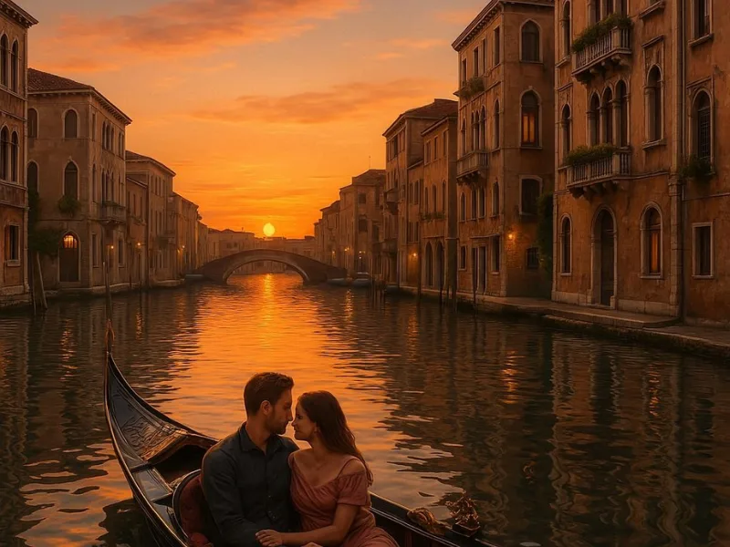 Gondola ride through Venice canals with a couple enjoying their honeymoon in 2025.