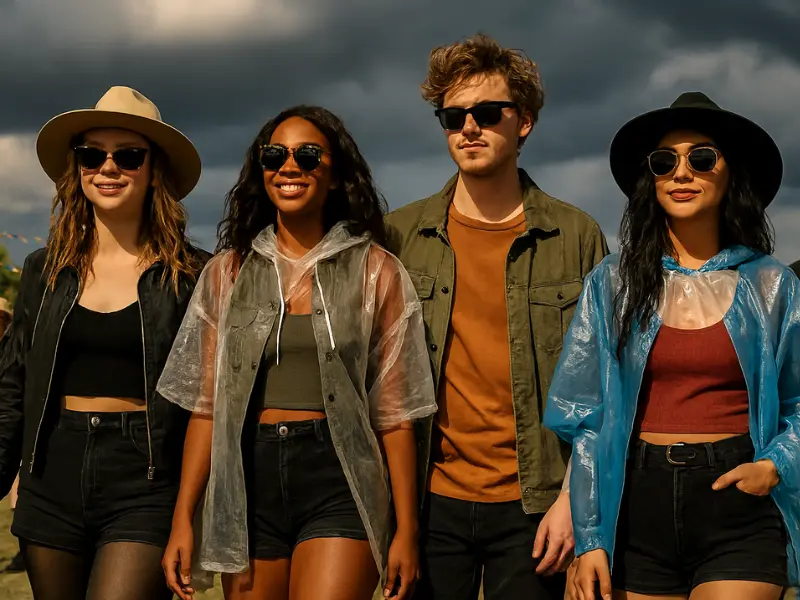 Music festival attendees in layered outfits, wearing rain ponchos and sun hats.