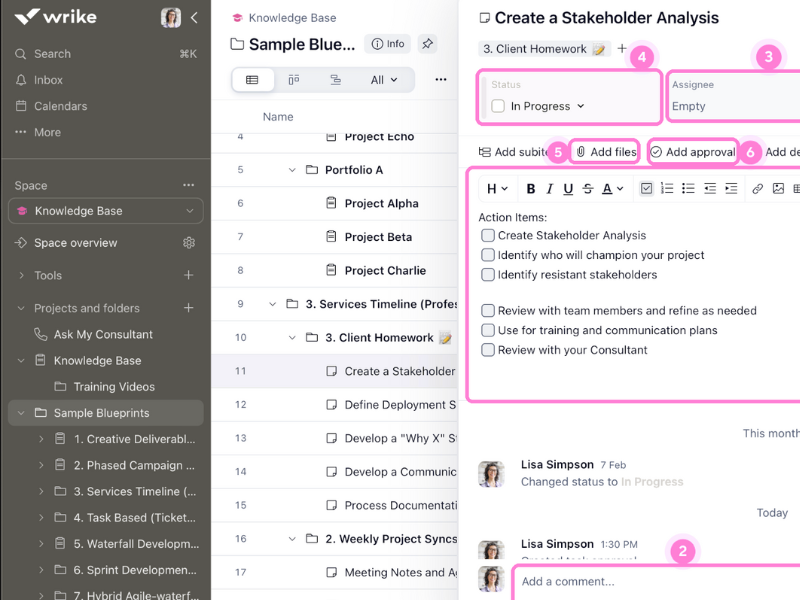 Wrike dashboard showing task timelines and updates in free project management software