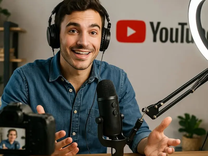 Content creator recording a YouTube video with camera and lighting setup