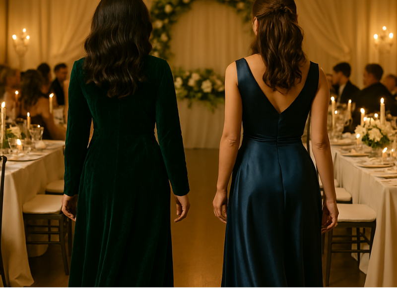 Black-tie wedding outfits for women in elegant evening gowns
