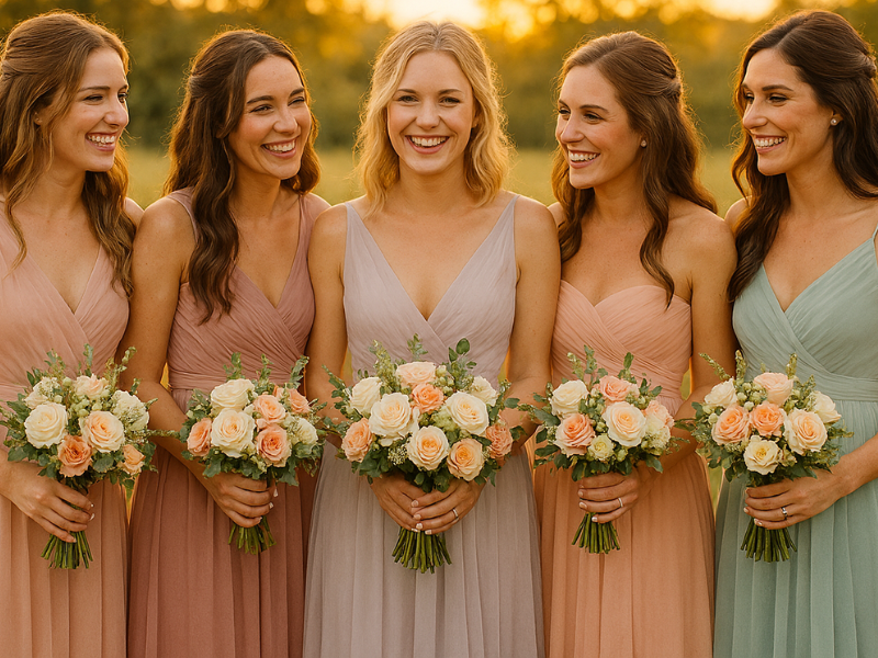 Coordinated bridesmaid wedding outfits for women in pastel shades