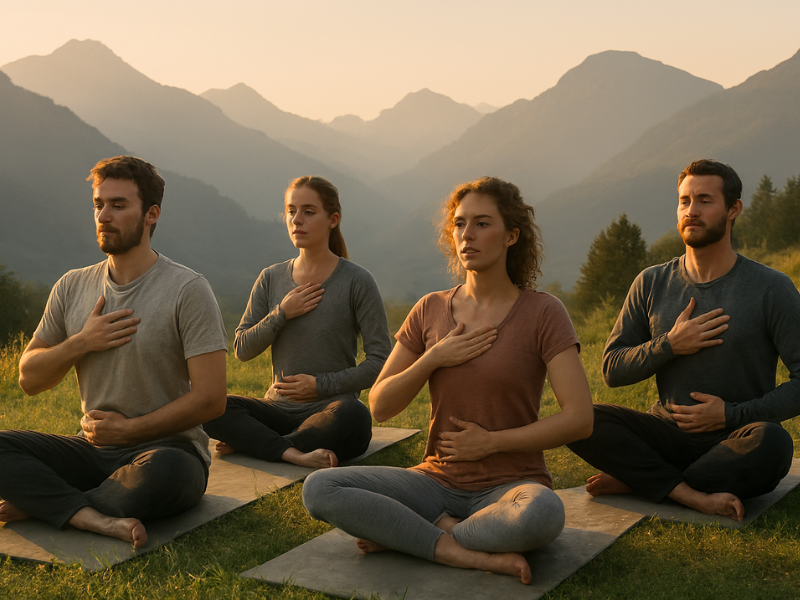 Daily healing routines at a mental health retreat for depression including guided breathing in nature