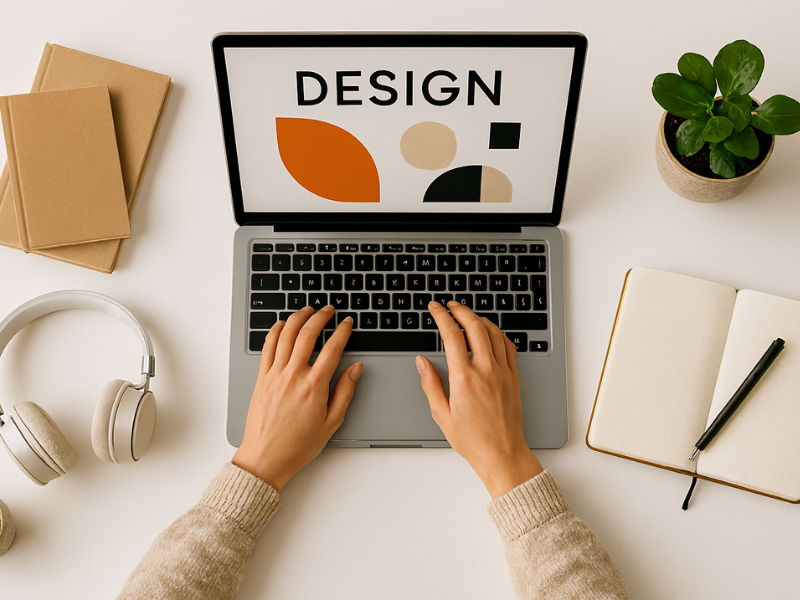 Freelancing side hustle jobs from home – graphic designer creating visuals on laptop