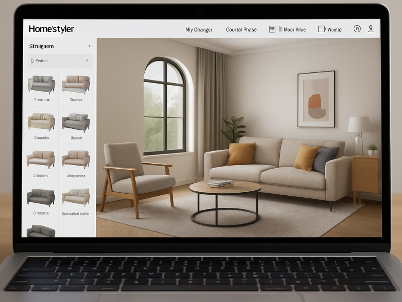 Homestyler interior design software featuring real furniture brands in a virtual room