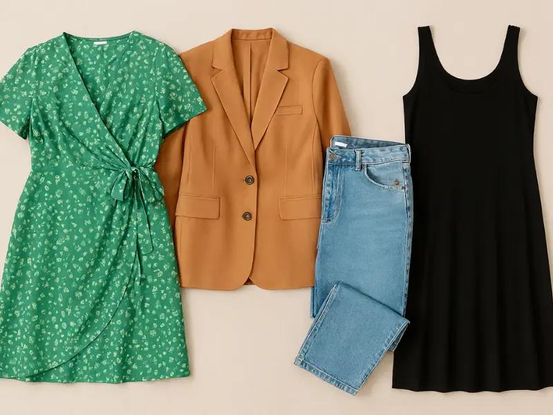 Essential wardrobe pieces for plus size women including wrap dresses and blazers