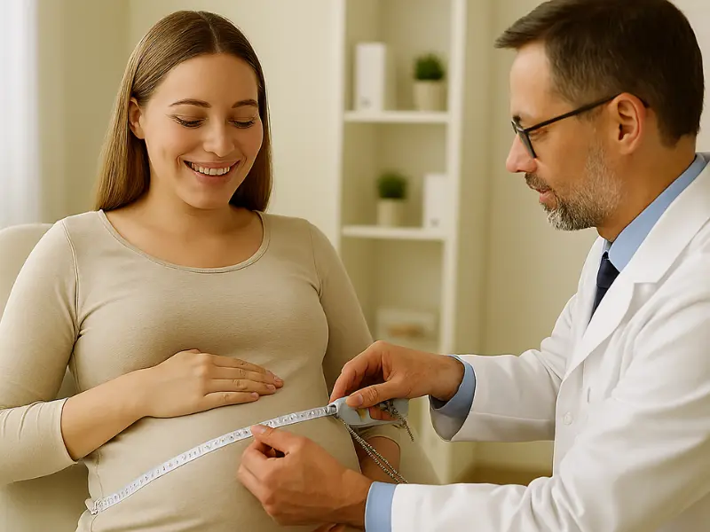 Prenatal visits checking if pregnancy is going well – doctor measuring belly.