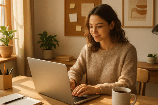 Side hustle jobs from home – woman working on laptop with coffee in a cozy living room