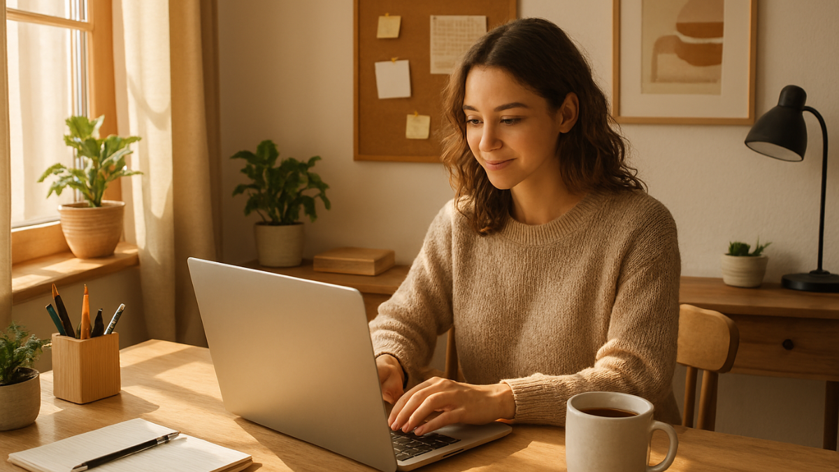 Side hustle jobs from home – woman working on laptop with coffee in a cozy living room