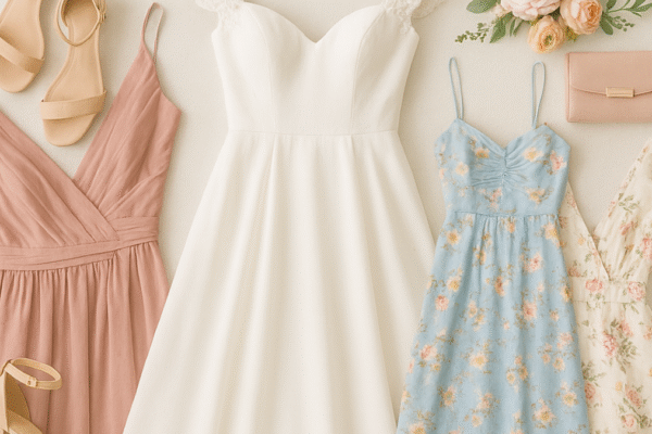 Elegant wedding outfits for women including bridal and guest styles