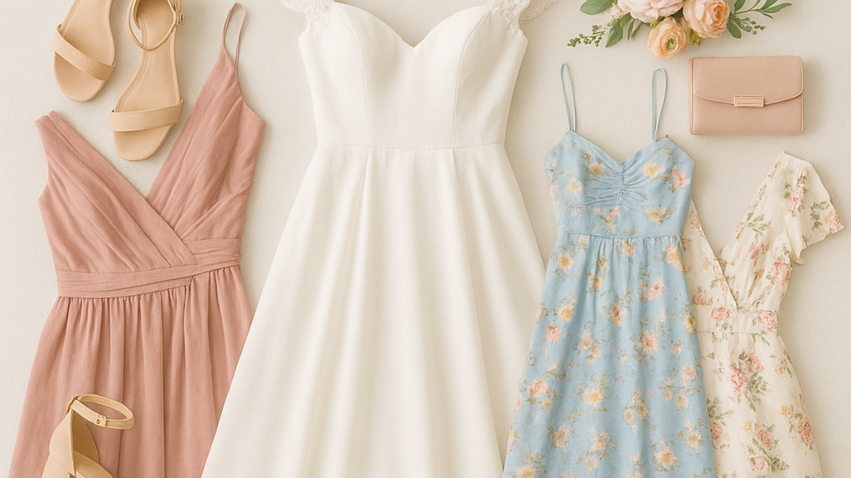 Elegant wedding outfits for women including bridal and guest styles