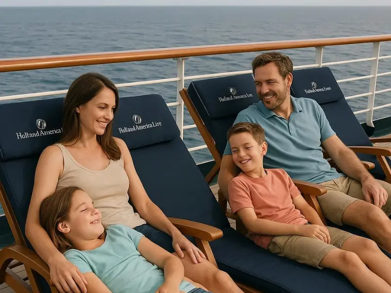 Family relaxing together on Holland America deck – best cruise lines for families