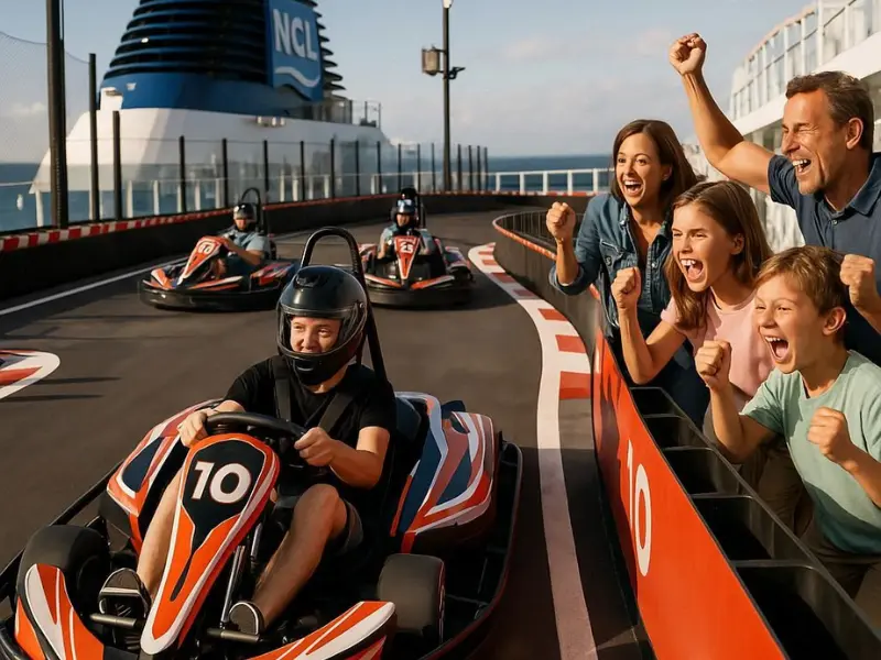 Family enjoying go-kart racing on Norwegian Cruise – best cruise lines for families