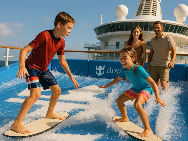 Kids enjoying surfing simulator on Royal Caribbean – best cruise lines for families