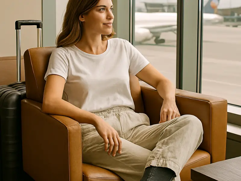 Comfortable bottoms like jeans, linen pants, and tailored leggings as travel clothes for women