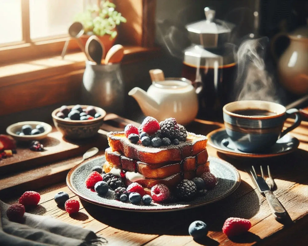 Classic homemade french toast recipe served with coffee in a cozy kitchen