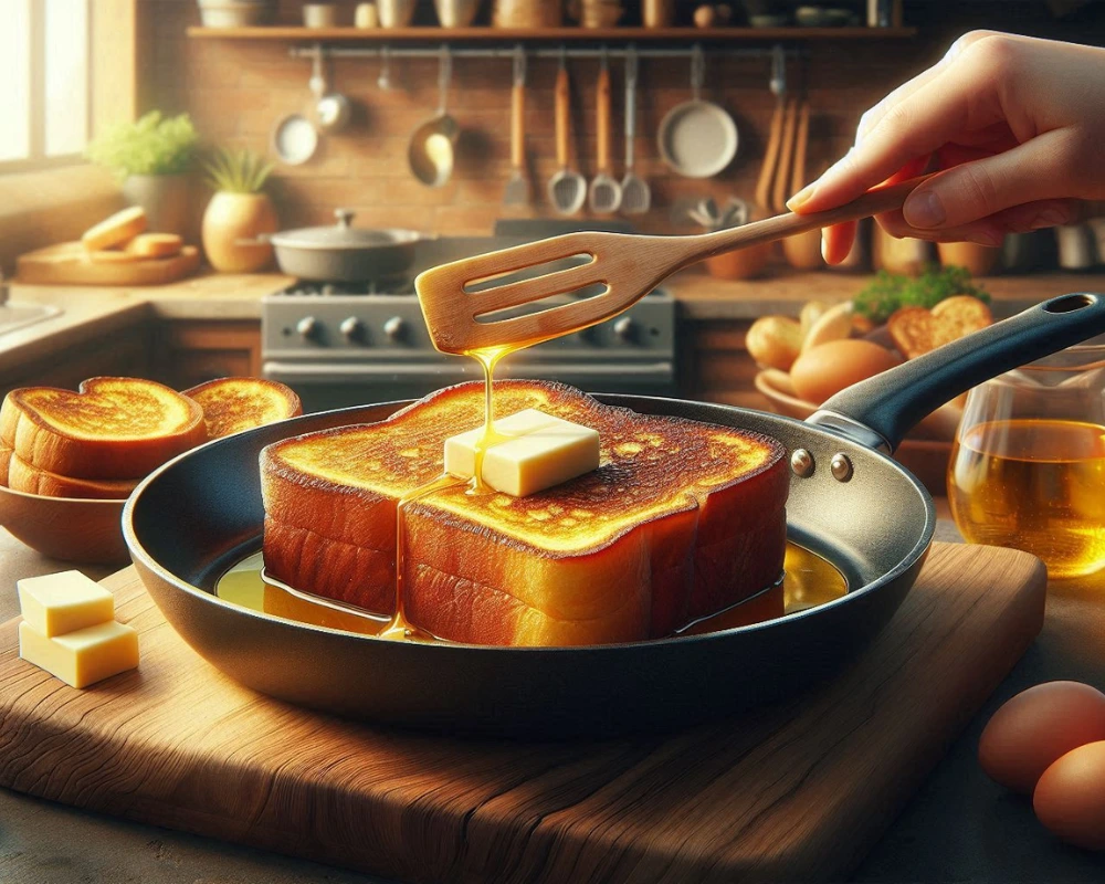 French toast recipe cooking on pan with golden brown texture
