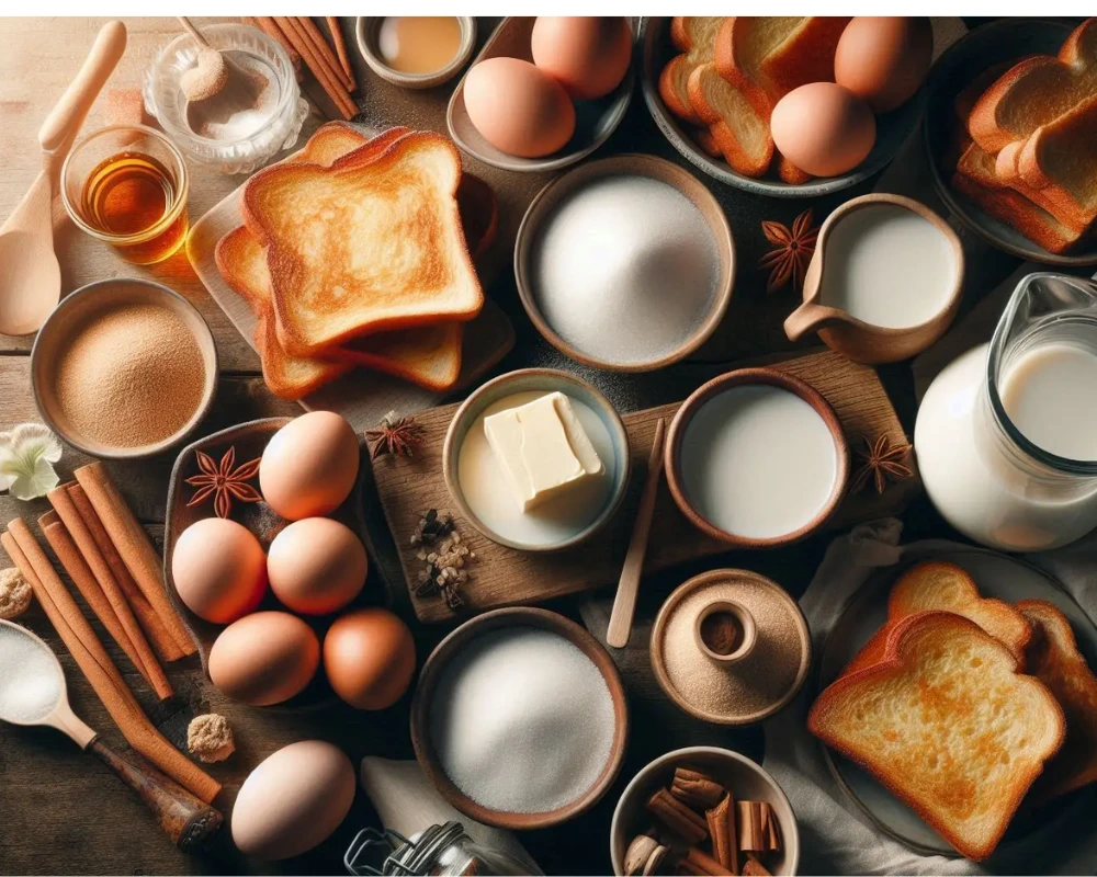 Ingredients needed for french toast recipe arranged on a wooden table
