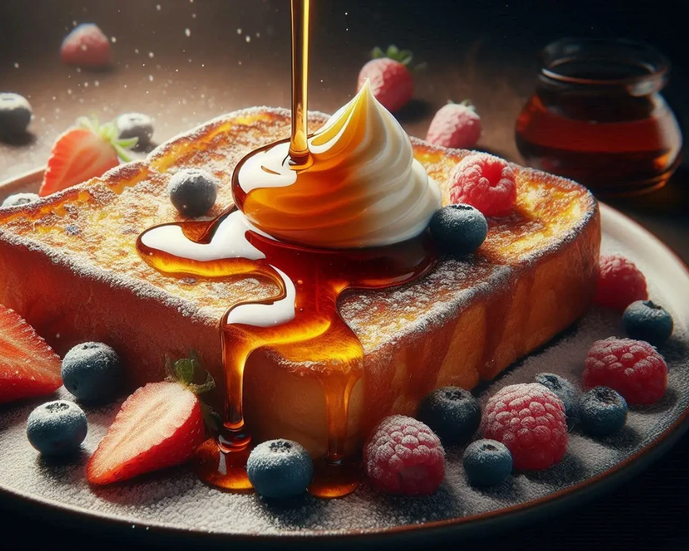 French toast recipe topped with syrup, powdered sugar, and fresh fruits