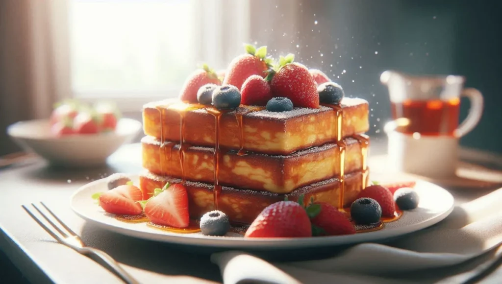 Golden french toast recipe topped with fresh berries and maple syrup on a breakfast plate
